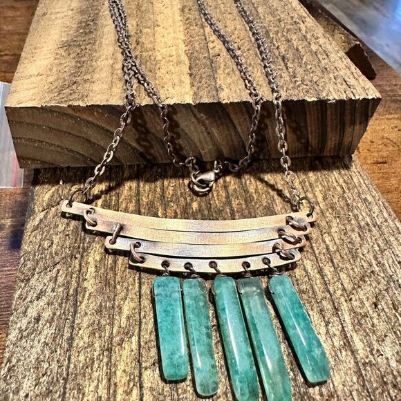 Handcrafted Boho Banjara Antique Copper and Moss Agate Stone Dangle Necklace, G - Picture 1 of 7